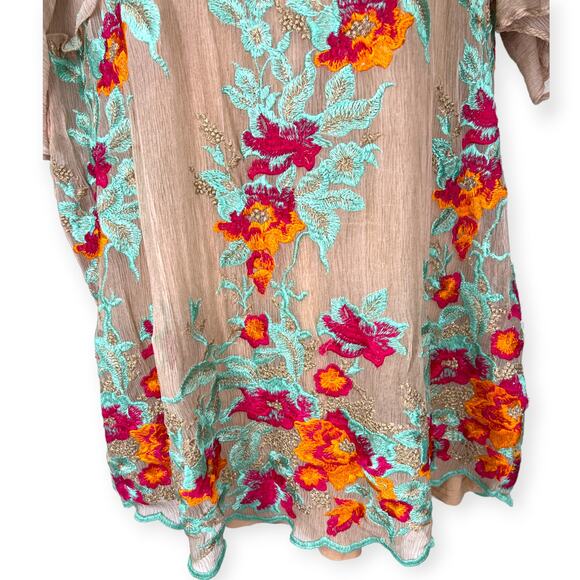 Soft Surroundings | XL | Embroidered Round-Neck Silk Tunic Coverup Sheer Cami - Picture 4 of 8